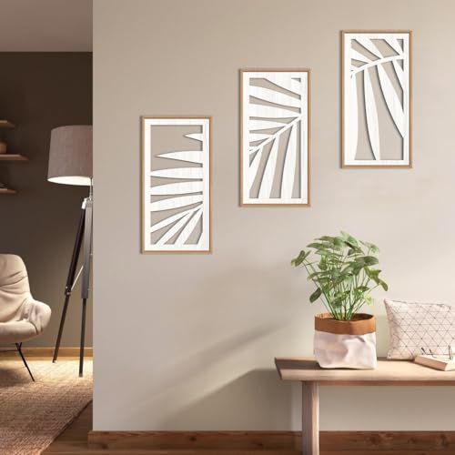 Tropical Palm Tree Leaf Wood Wall Art White Framed 8x16 Inch Set of 3 Hawaii Plant Leaves Wooden Wall Decor Minimalist Boho Artwork for Living room Bedroom Office