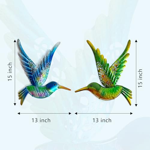 Metal Hummingbird Wall Art 12inch Metal Birds Wall Sculpture Garden Decoration Outdoor Statue Patio Fence Hanging Plaques 2 Pack（Blue (2 Count)