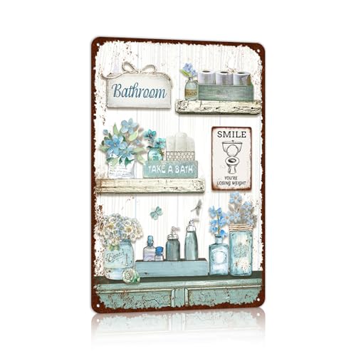 Farmhouse Bathroom Metal Tin Signs Rustic Flower Country Wall Art Decor