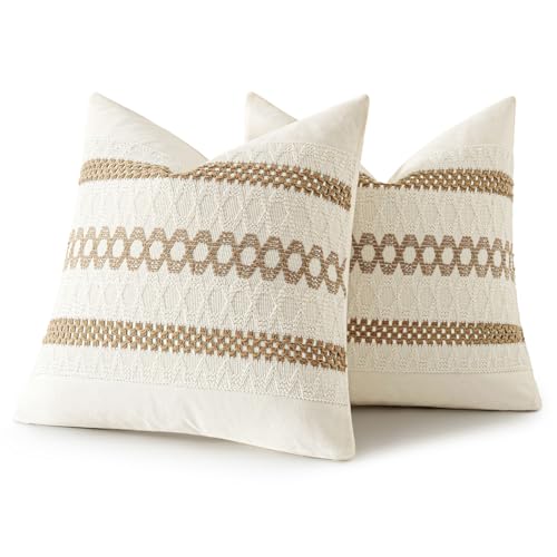 Set of 2 Neutral Boho Decorative Pillow Covers 16x16 Inch (2 Count)