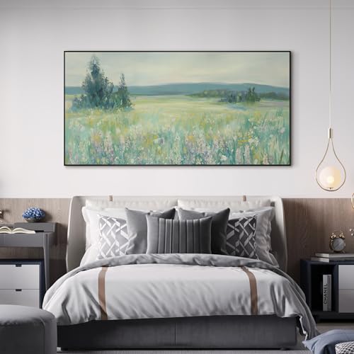 36"x72" Extra Large Framed Wall Art Wildflower Meadow Landscape Soft Pastel Nature Illustration for Home Living Room Bedroom Decor