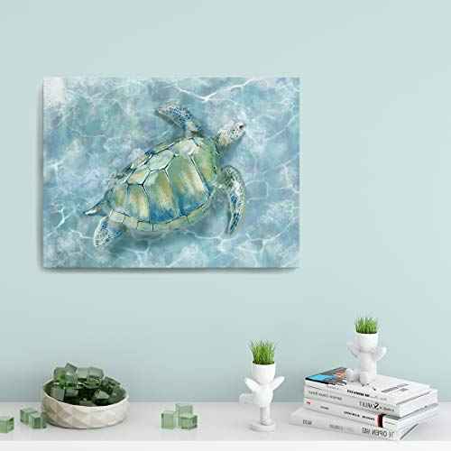 Bathroom Wall Decor Sea Turtle HD Pictures Print on Canvas Wall Art for Bedroom Kitchen Blue Coastal Room Decorations Art Work Green Turtle on Blue 12x16 inches