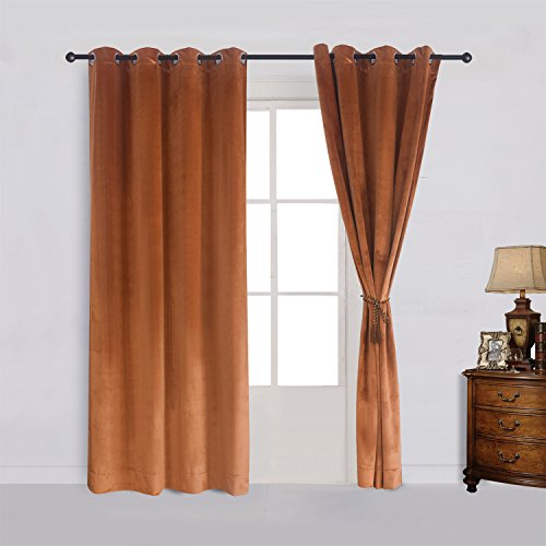 Super Soft Rustic Velvet Decor Blackout Drapes Room Darkening Curtains Panel Metallic Grommet Drapery 52 by 72 Inch Caramel Cafe
