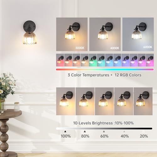 Vintage Battery Operated Wall Sconce with Amber Tulip Glass Lampshade Rechargeable Battery Powered Black Wall Light with Remote Control for Bedside Bedroom Doorway (2 Count)