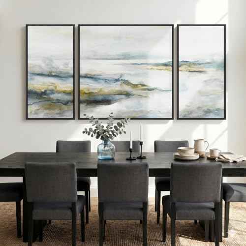 Extra Large Framed Blue Gray Abstract Landscape Wall Art for Living Room (3 Count)