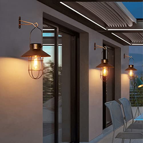 Solar Lanterns Outdoor Metal Solar Powered Hanging Lights Waterproof for Barn Wall Yard Garden Patio Garage Balcony Porch Fence Decor (2 Count)