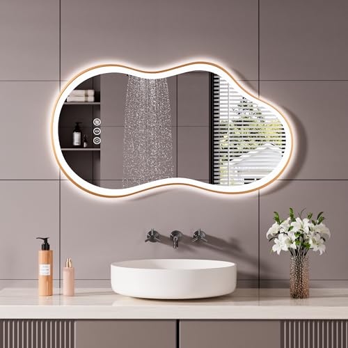 20''x36'' Irregular LED Bathroom Mirror with Lights & Gold Frame