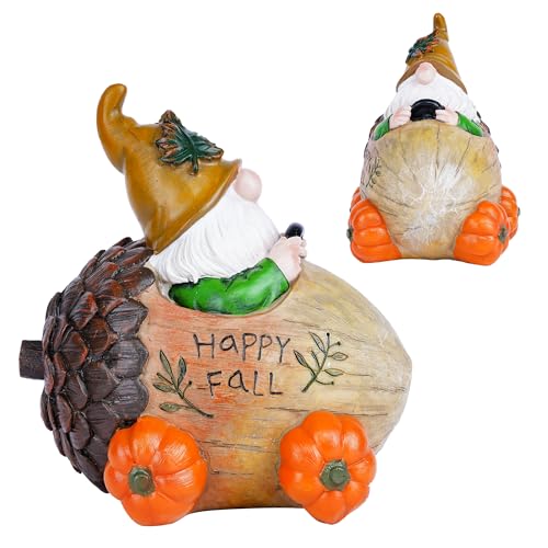 Fall Gnome Figurine with Acorn Car & Pumpkin Wheels