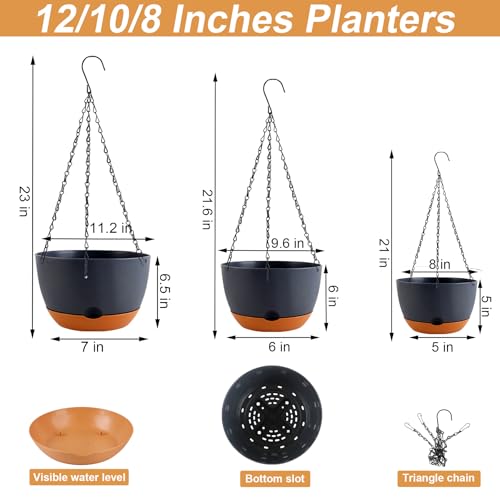 8/10/12 inch Plant Pot Hanging Planters, 3 Pack, Black (3 Count)