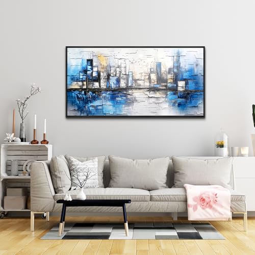 Large Black Framed Wall Decor For Living Room Canvas Wall Art For Office Modern Wall Decorations For Bedroom Blue Landscape Paintings Abstraction Pictures Artwork Home Decor 24x48 In