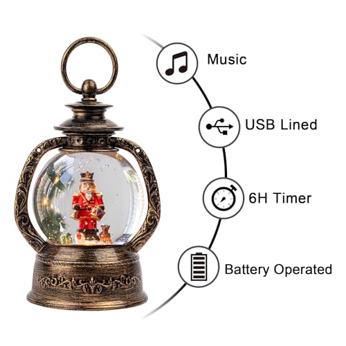Christmas Snow Globe Lantern Water Glittering Nutcracker with Music & Timer
