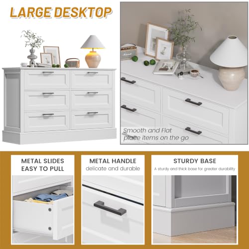 White Dresser for Bedroom with 6 Drawer