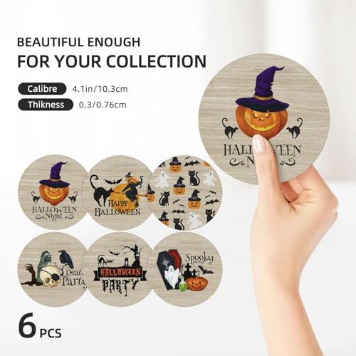Halloween Coaster for Drinks Set of 6 with Metal Holder and Cork Base Ceramic Drink Coasters Absorbent Cup Mat Non
