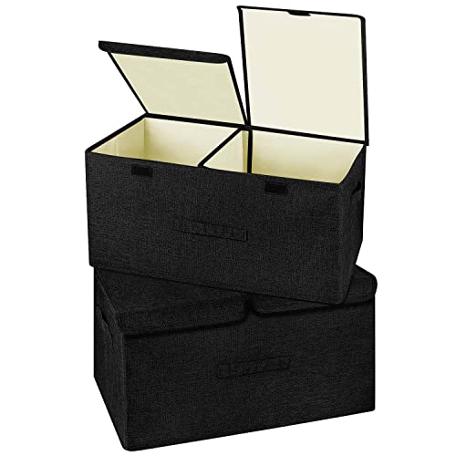 2 Pack Large Linen Fabric Collapsible Storage Bins with Lid and Handles (2 Count)
