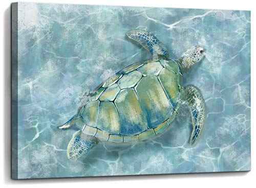 Bathroom Wall Decor Sea Turtle HD Pictures Print on Canvas Wall Art for Bedroom Kitchen Blue Coastal Room Decorations Art Work Green Turtle on Blue 12x16 inches
