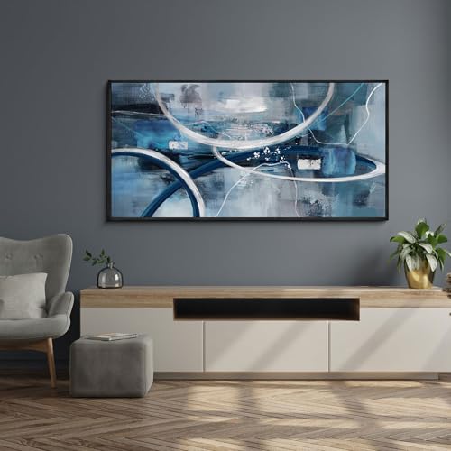 Blue Abstract Wall Art Modern Neutral Fluid Painting with Thin Black Frame
