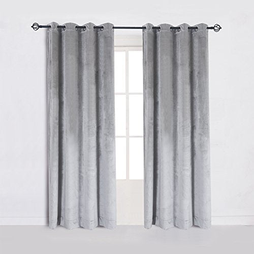 Super Soft Luxury Velvet Set of 2 Silver Gray Classic Blackout Curtains Panels Home Theater Grommet Drapes Eyelet 52Wx96L inch Light Grey