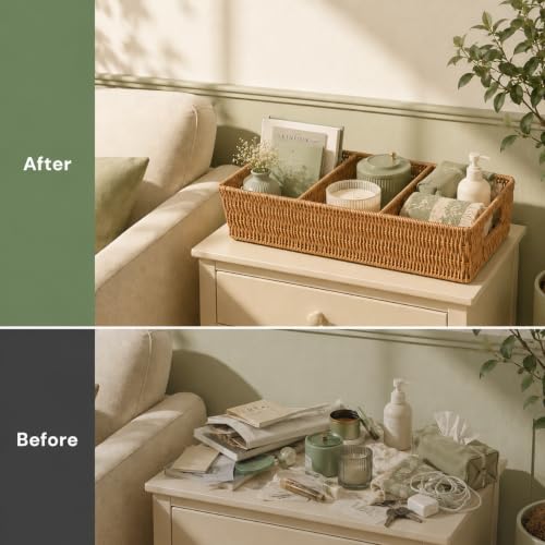 2PCS Rattan Pantry Organizer Baskets with Removable Dividers (2 Count)