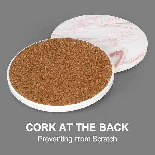 Cute Pink Marble Coasters for Desk Coffee Bar Table Kitchen Decor Set of 6 (6 Count)