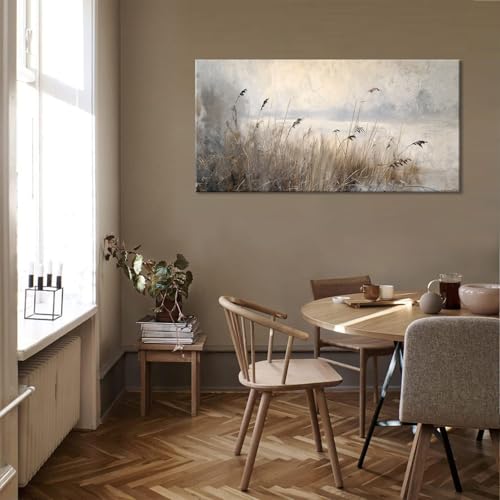 Vintage Meadow Wall Art for Living Room Reed Grass Canvas Painting Prints Large Retro Rustic Cottagecore Countryside Landscape Farmhouse Bedroom Artwork Home Decor