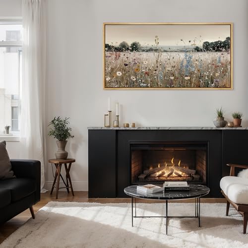 Extra Large Framed Canvas Print Wall Art Wildflower Meadow Landscape Blooming Field Illustrations Fine Art Illustrations Decorative Colorful for Bedroom
