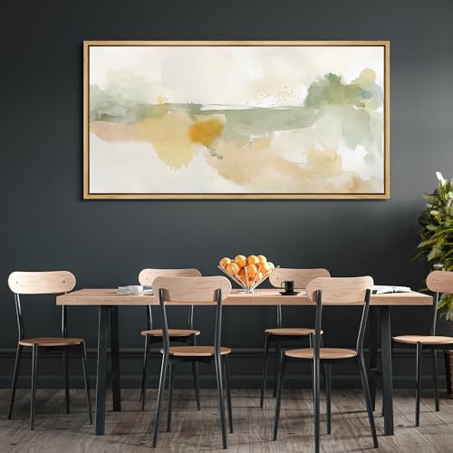 Extra Large Framed Canvas Print Wall Art Serene Watercolor Landscape in Green and Yellow Tones Antique Retro Fine Art Illustrations Decorative Colorful for Bedroom