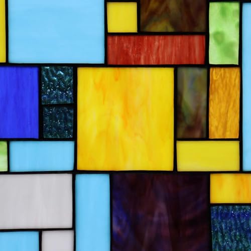 Geometric Color Block Tiffany Style Stained Glass Window Panel with Hanging Chain