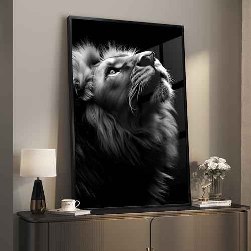Framed Modern Black and Gray Lion Animal Wall Art