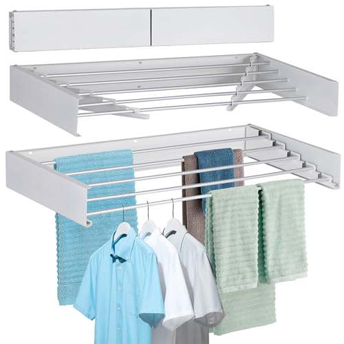 Laundry Drying Rack Wall Mounted Clothes Drying Rack Collapsible with 5 Aluminum Rods and Drilling Template Long Screwdriver Bit 60 lbs Capacity