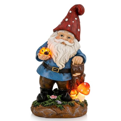 Solar Garden Gnome Statue with Glowing Ladybug & Mushroom
