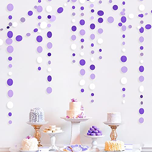 46 Ft Purple and White Circle Dots Garland Lavender Hanging Paper Polka Dot Streamer for Birthday Anniversary Engagement Wedding Bridal Shower Valentine Day Lilac Themed Party Decorations Supplies