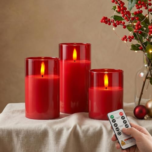 Red Glass Flameless LED Candles Battery Operated with Remote Timer (3 Count)