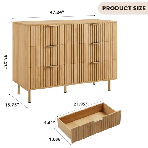 47.2" Fluted Natural 6 Drawer Dresser for Bedroom