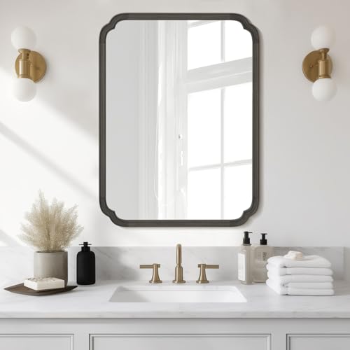 28" x 40" Rounded Corner Arch Wall Mirror with Wood Frame for Entryway