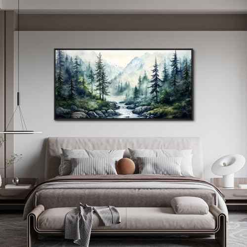 Black Framed Canvas Wall Art For Living Room Large Wall Decor For Office Bedroom Decoration Misty Forest Picture Tree landscape Paintings Artwork Wall Mural Aesthetic Home Decor 30x60 In