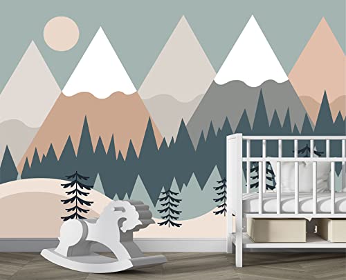Children's Cartoon Mountain Peak Forest Sun Nursery wall Mural Wallpaper 137" x 100" (95.12 Sq Ft)