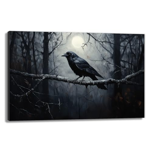 Crow Canvas Wall Art Black Crow Stand On The Branch Picture Print Moonlit Night Poster Vintage Forest Landscape Painting Artwork Living Room Halloween Decor