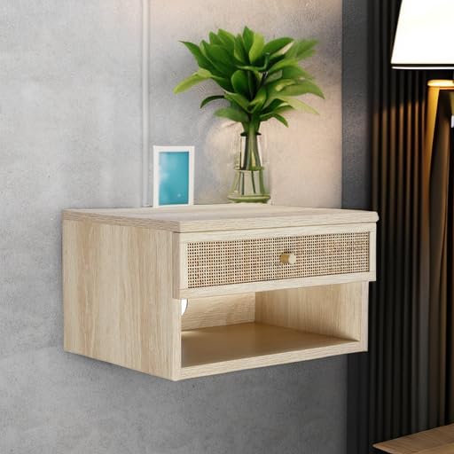 Jackson Wall Mounted Rattan Floating Bedroom Nightstand with Storage Drawer and Modern Open Shelf Cubby