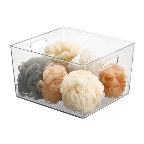 Large Modern Stackable Plastic Storage Organizer Bin Basket with Handles for Bathroom Vanity Organization (4 Count)