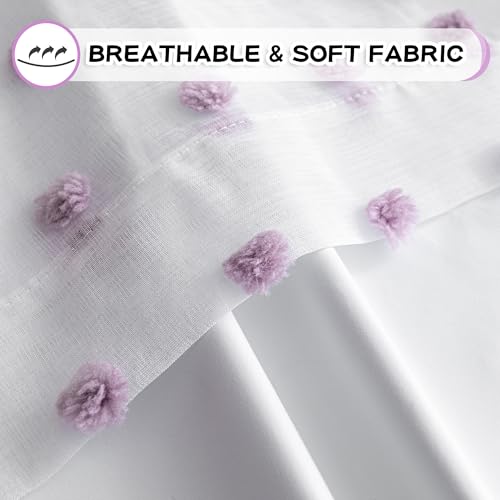 Total Blackout Curtains for Girls Bedroom with Purple Pom Pom Sheer 90 Inch Long 100% Light Blocking Curtains for Living Room 2 Panels Room Darkening Grommet Double Layer Drapes 50" x 90" (2 Count)