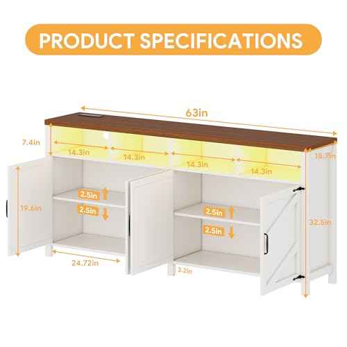 Buffet Sideboard with Storage with Power Outlets & LED Light
