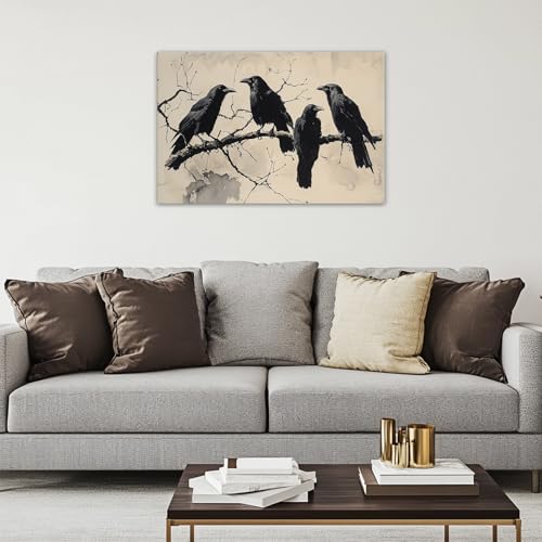 Birds Canvas Wall Art Black Couple Crow Picture Print Vintage Gothic Raven Artwork for Living Room Halloween Home Wall Decor