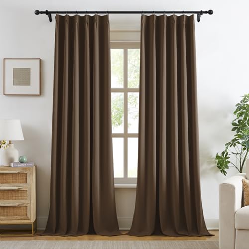Chocolate Brown 72 Inch Wide Pinch Pleated Blackout Curtains with Hooks for Cozy & Deep Sleep (2 Count)