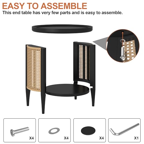 Round End Table Rattan Style Side Table with Solid Wood Legs