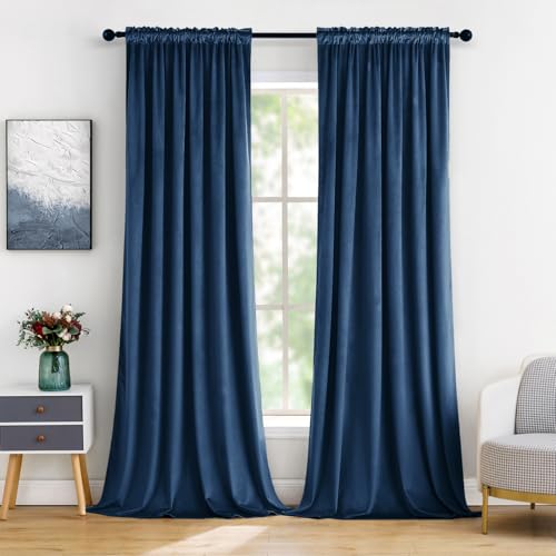 Navy Blue Blackout Velvet Curtains Drapes 84 Inch Long 52"x84" (2 Count)