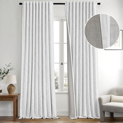Greyish White 100% Blackout Linen Curtains 90 Inch 2 Panels Set Double Sided No Coating Pleated Back Tab Black out Long Thermal Insulated Pinch Pleat Bedroom Living Room Darkening Window Drapes (2 Count)