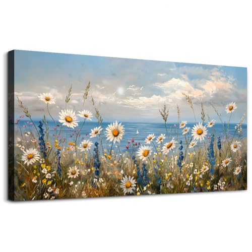 Blue Ocean Canvas Wall Art for Living Room Wall Decor For Bedroom Bathroom Decoration Abstract Natural Seascape Painting Modern Office Wildflowers Artwork Pictures Home Decor Ready To Hang