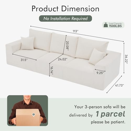 113" Modular Sectional Sofa 3 Seats Boneless Couches for Living Room