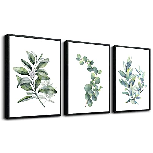 Black Framed Wall Art For Bedroom Wall Decor For Living RoomPlants Green Leaves Painting Bathroom Walls Pictures Kitchen Wall Decorations Office Decor Set Of 3 Piece Framed Prints Art