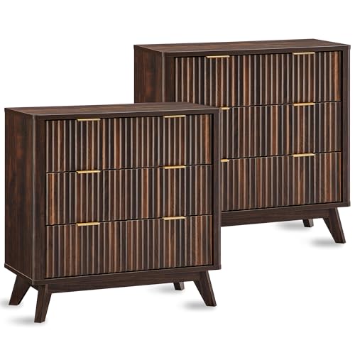 32" Large Fluted Nightstand with 3 Drawers Set of 2 (2 Count)